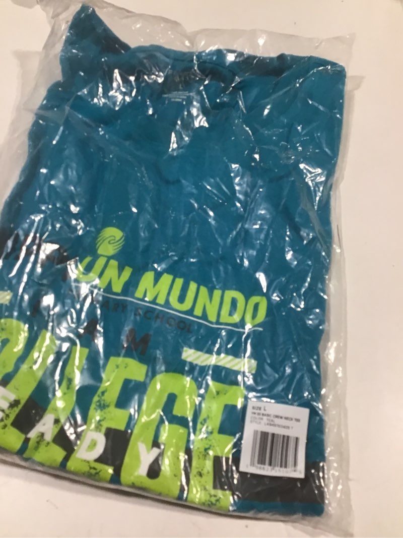 Condition photo showing As Is for Unisex-Adult Kipp: Adult Un Mundo Primary Short Sleeve Spirit Tee Large Teal (Un Mundo Primary)