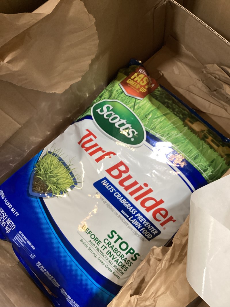 Condition photo showing New/Like New for scotts turf builder halts crabgrass preventer with lawn food - pre-emergent weed killer, lawn fertilizer, 14,000 sq. ft., 37.38 lb. 14,000 sq. ft. 1 pack