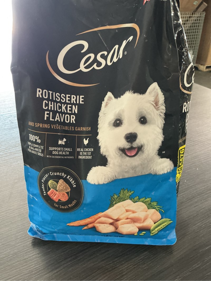 Condition photo showing As Is for cesar rotisserie chicken, carrot, pea and vegetable flavor small breed dry dog food - 5lbs