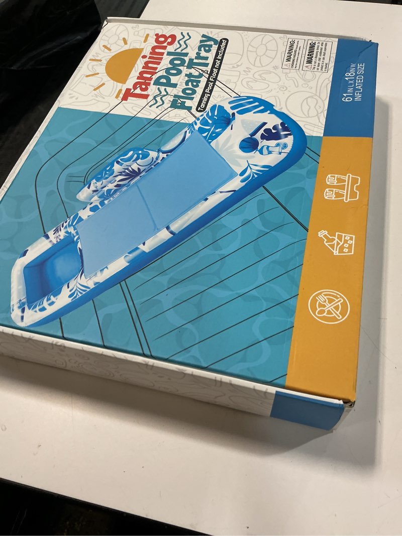 Condition photo showing New/Like New for ayeboovi extra large inflatable tanning pool float tray - 61" l x 18" w non-slip sunbathing bed tray with cooler ice bar for tanning lounge raft & blow up suntan tub pool stuff party gifts blue & white tropical print
