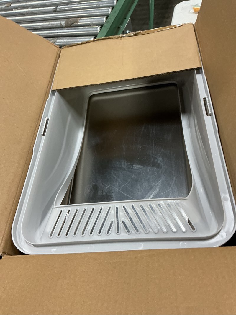 Condition photo showing As Is for stainless steel cat litter box, odor free metal litter box with high sides lid, open top low entry litter pan include scoop easy cleaning anti-scratch kitty cat box anti-urine leakage, non-sticky, m medium light grey(17.5 in)
