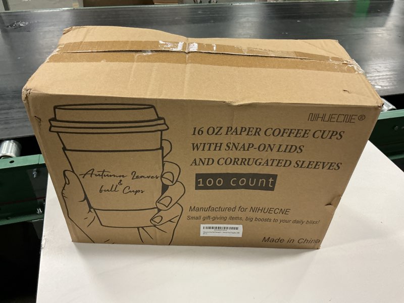 Condition photo showing New/Like New for 100 Pack 16 oz Fall Themed Disposable Coffee Cups with Snap-on Lids and Sleeves - for Hot or Cold Drinks, Pumpkin Spice Latte, Halloween, Thanksgiving, Autumn Party Supplies