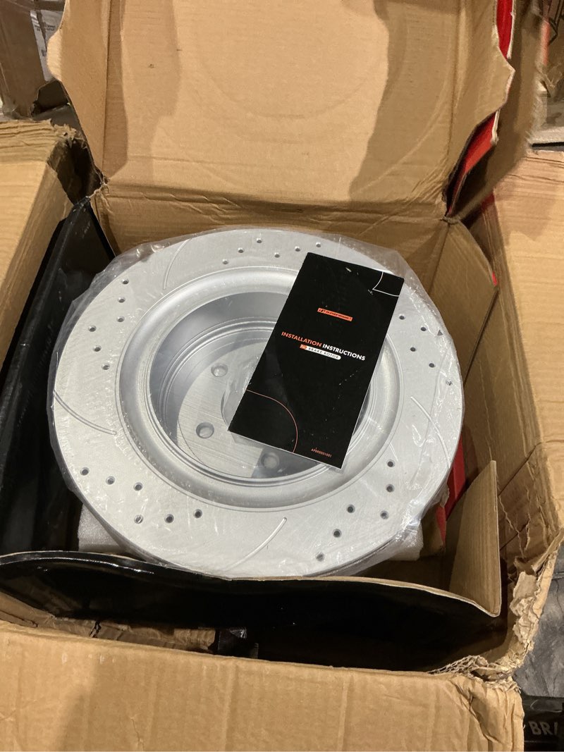 Condition photo showing As Is for a-premium front and rear drilled and slotted disc brake rotors + ceramic pads kit compatible with select infiniti models - q50 2014-2022, q60 2017-2022, m37, m56, qx70, q70, q70l, fx50, 12-pc set