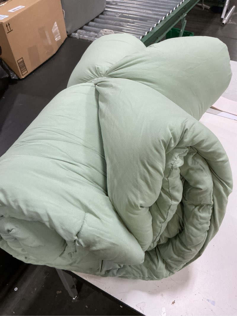 Condition photo showing As Is for Litanika Oversized King Comforter Set 120x98, 3 Pieces Sage Green Lightweight Solid Bedding Set, All Season Fluffy Bed Set Quilt Blanket (1 Comforter & 2 Pillowcases) Sage Green Oversized King