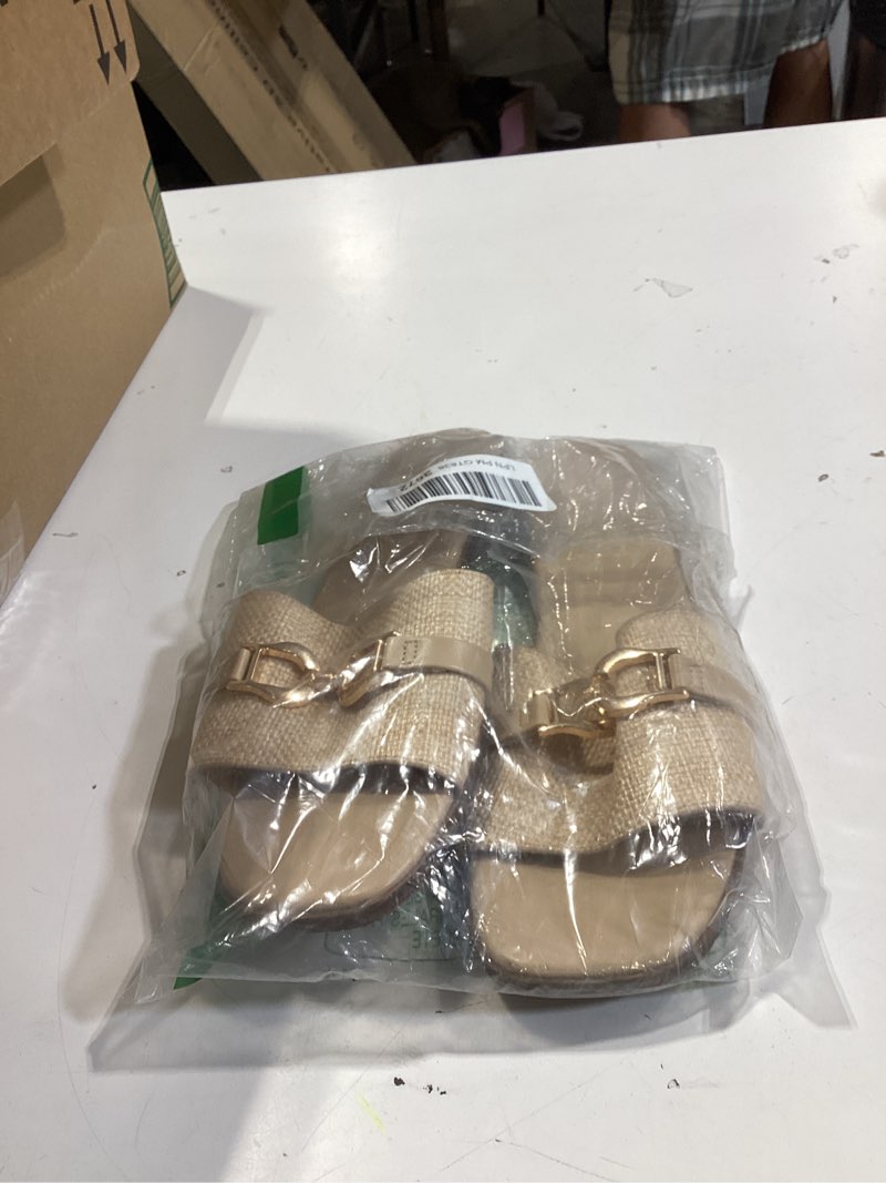 Condition photo showing Good Condition for similar to fitory women's flat sandals fashion square open toe slides with metal chain slippers for summer size 6-11 7 camel