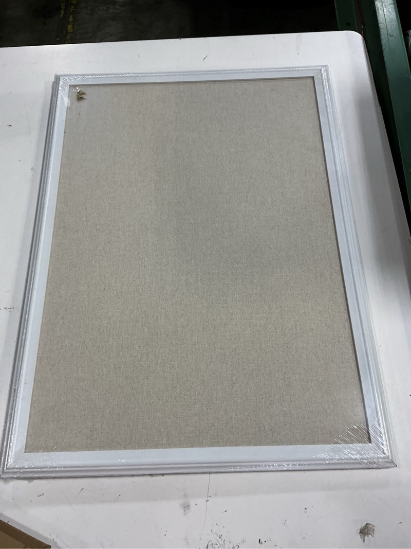 Condition photo showing New/Like New for u brands bulletin board, 18 x 24 inch linen fabric pin board, farmhouse white wood style frame, wall message center & vision board for farmhouse decor, home office, classroom, includes push pins 24"x18" natural linen