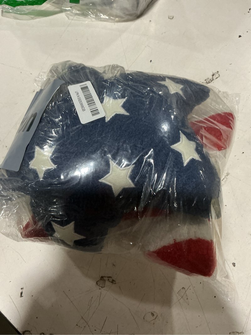 Condition photo showing Good Condition for 2 pcs 4th of july decorations 13x13" star throw pillows, rustic patriotic red white blue teddy fleece pillows with star embroidery & flag stripes, americana farmhouse outdoor decor for july 4th