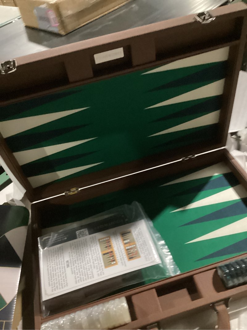 Condition photo showing New/Like New for 19 Inch Premium Backgammon Sets for Adults Leather Brown - Green. Premium 1.6 Inch Checkers & Dice Set, Travel Backgammon Set, Large, Backgammon Board Game, Backgammon Game Set Brown Case - Green Field 19 Inch - Large