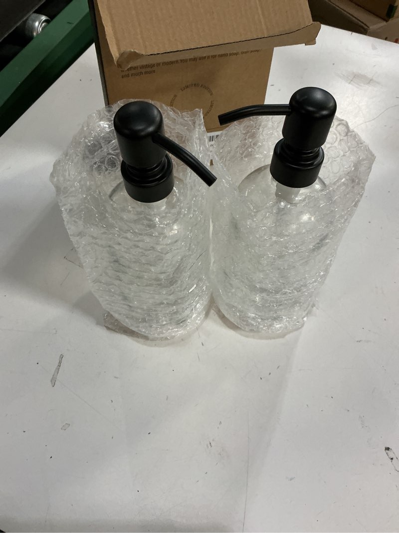 Condition photo showing Good Condition for vine creations clear glass soap dispenser, 2 pack kitchen soap dispenser set with stainless steel pump, 16 oz dish soap and hand soap dispensers for bathroom with waterproof labels clear bottle / matte black pump