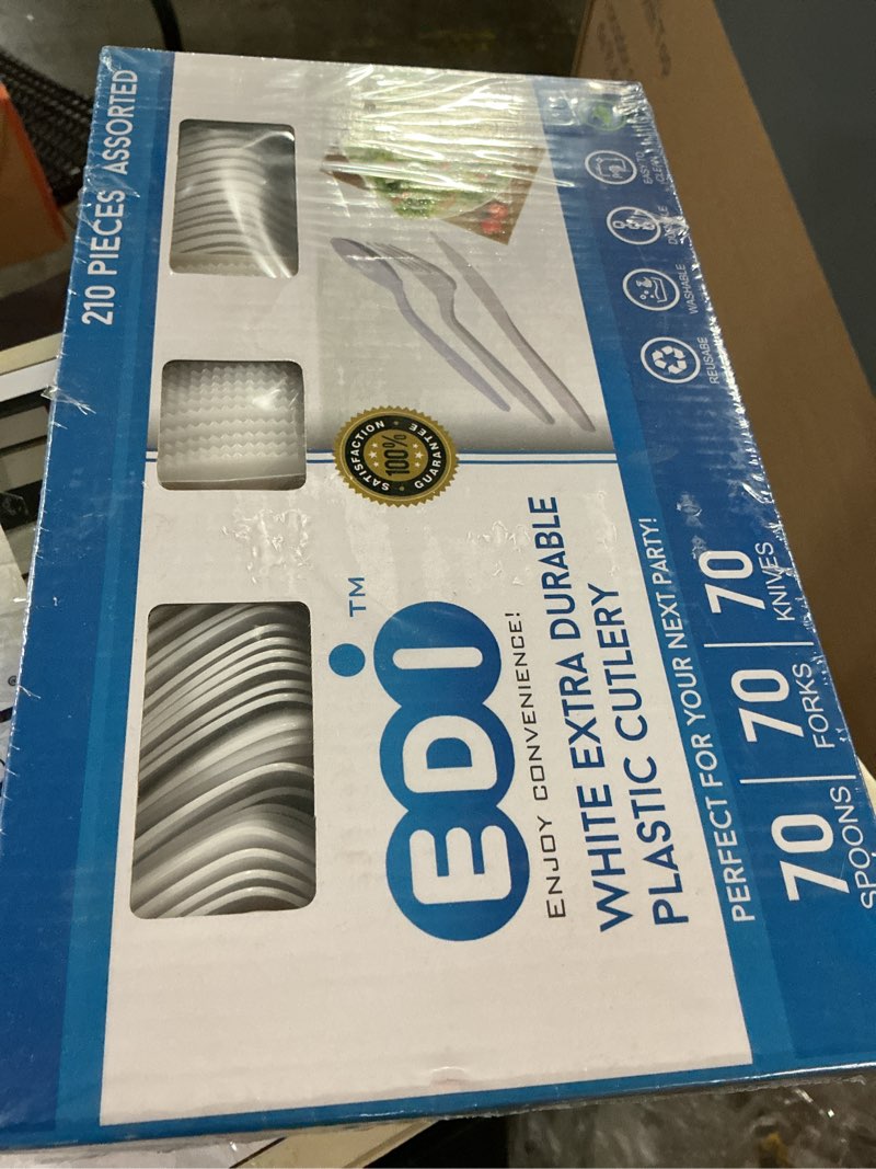 Condition photo showing New/Like New for edi white disposable plastic cutlery set, 70 forks, 70 knives, 70 spoons, 210 count