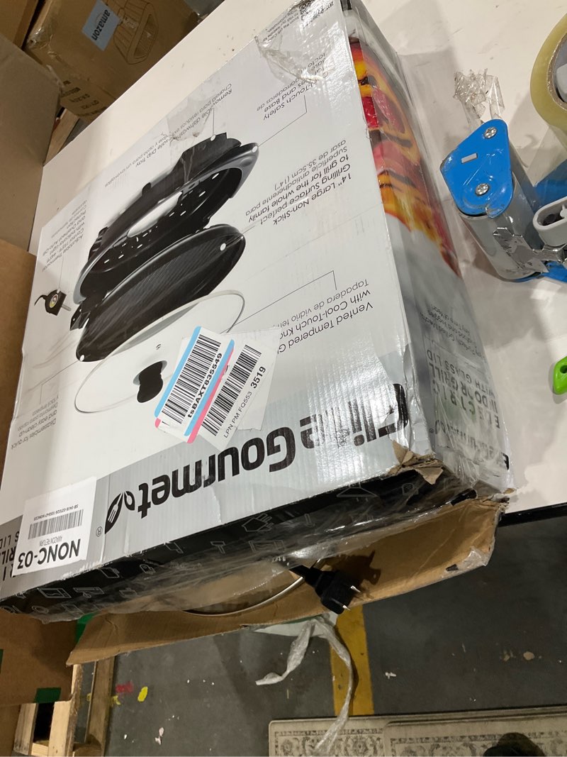 Condition photo showing As Is for Elite Gourmet EMG-980B Smokeless Electric Tabletop Grill Nonstick, 6-Serving, Dishwasher Safe Removable Grilling Plate, Grill Indoor, Tempered Glass Lid, Adjustable Temperature, 14" Black