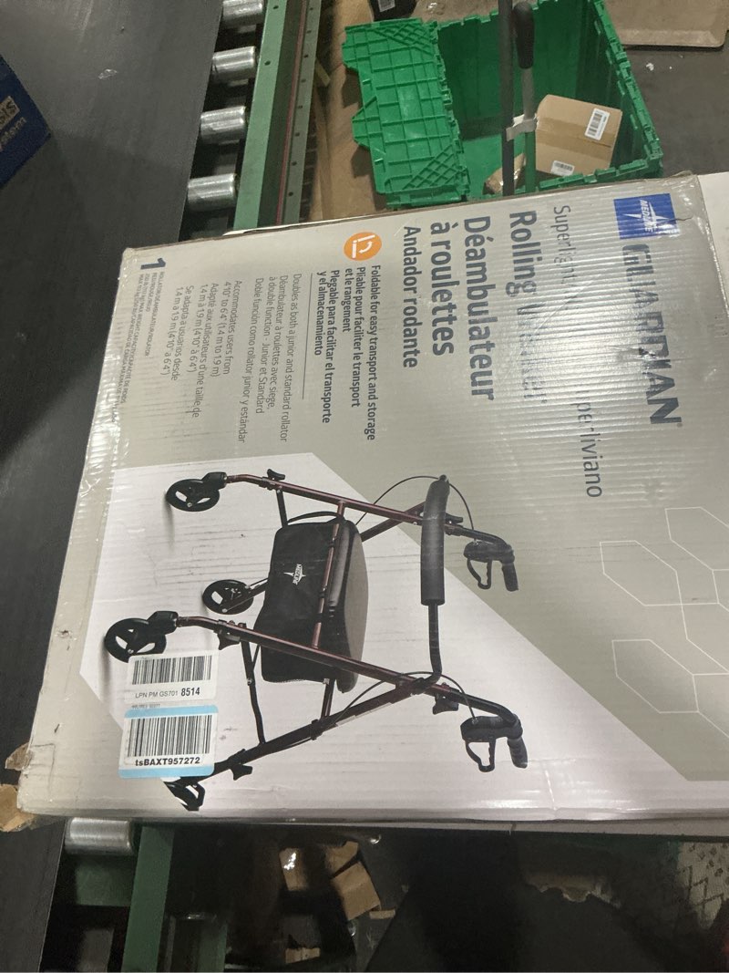 Condition photo showing Good Condition for medline superlight folding aluminum mobility rollator walker, red, 250 lb. weight capacity, 6" wheels, adjustable arms and seat, foldable rolling walker for seniors burgundy