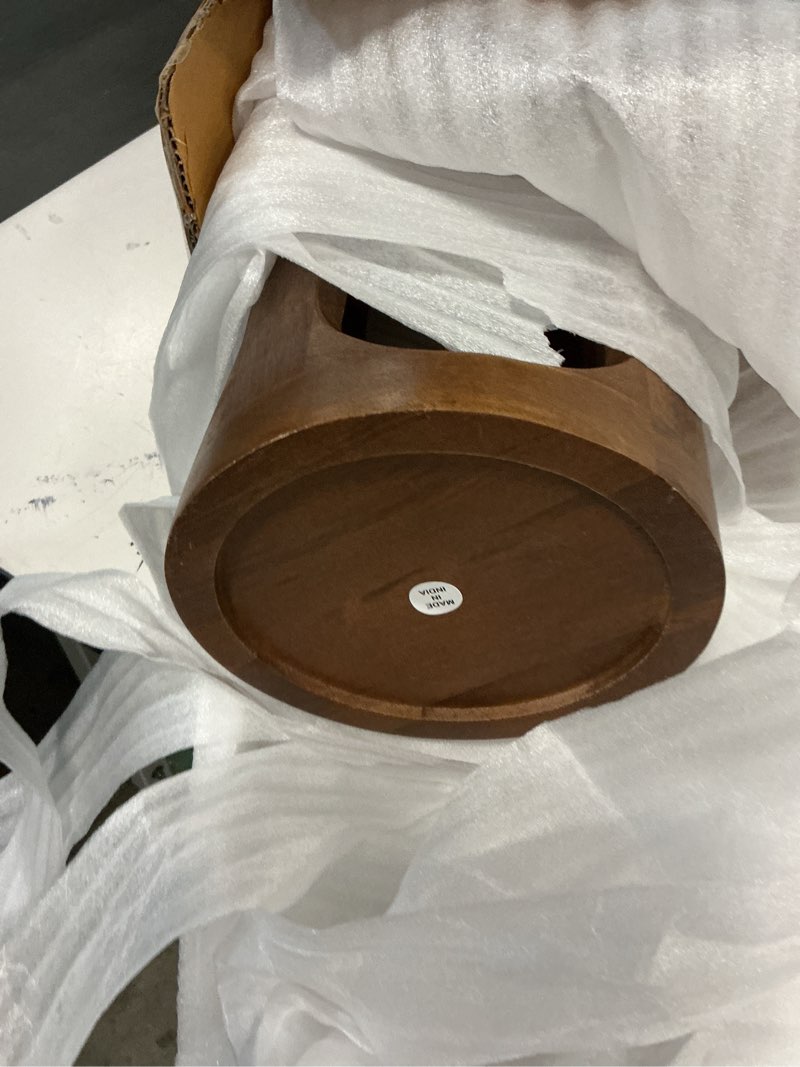 Condition photo showing New/Like New for kate and laurel dahl wooden round drink table; 8 x 23; walnut brown; mid-century modern circle wood accent pedestal table for living room plant stand or small bedroom nightstand walnut brown 8x8x23