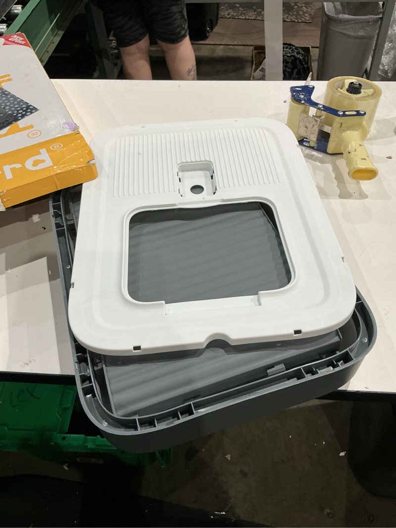 Condition photo showing As Is for upgraded fully enclosed cat litter box with lid, covered cat box enclosure, anti-splashing easy to clean kitty litter boxes with drawer, 3 modes can use from kitten to adult(white&grey)