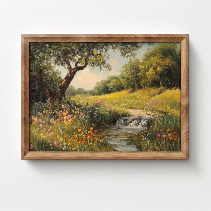 Vintage Landscape Painting Download, Spring Wildflowers Art, Floral Flowers Wall Decor, Digital Print, Cottagecore Art, Cottage Core