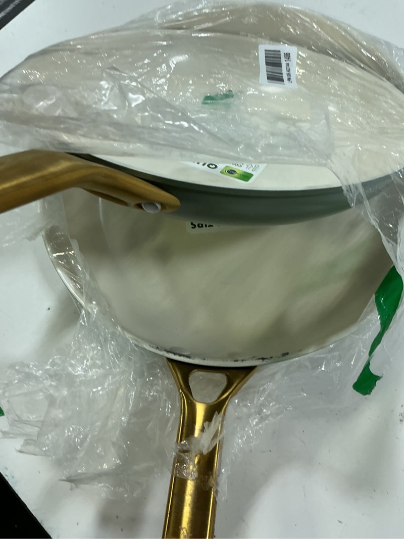 Condition photo showing As Is for greenpan nonstick reserve pro 10” & 12” frying pan set, nsf certified ceramic, hard anodized pfas-free skillets, stainless steel handles, oven & dishwasher safe, moss green 10" & 12" frying pan skillet set moss green