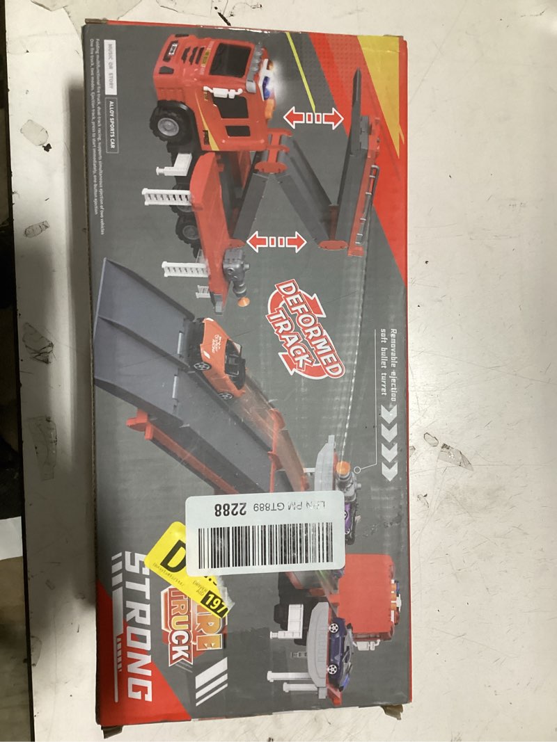 Condition photo showing New/Like New for 3in1 fire truck toy with foldable race track & 12 diecast race cars toys, fire trucks for toddlers 3-5 with lights & sounds, carrier truck car kids toy gift for age 3 4 5 6+ year old boys girls