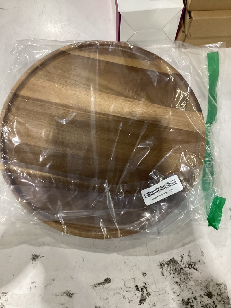 Condition photo showing As Is for pinxiury 13.8 inch round wooden decorative serving tray for coffee table and home decor, round wood tray for table centerpiece, small candle tray, acacia, appetizer charcuterie board 13.8"