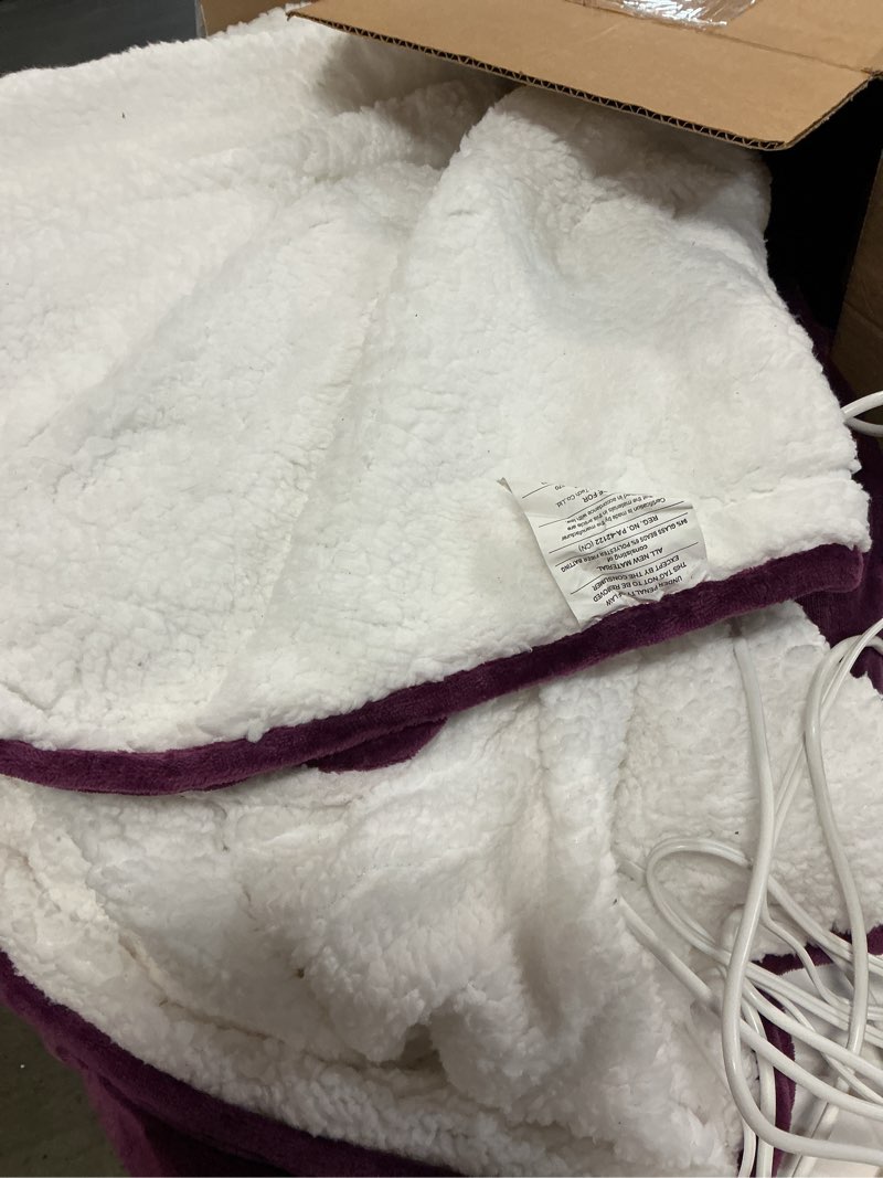Condition photo showing As Is for electric blanket heated throw, soft flannel 62\"x84\" heating blanket with 8 hours auto off 10 fast heating levels machine washable sherpa heated blanket with overheating protection purple twin