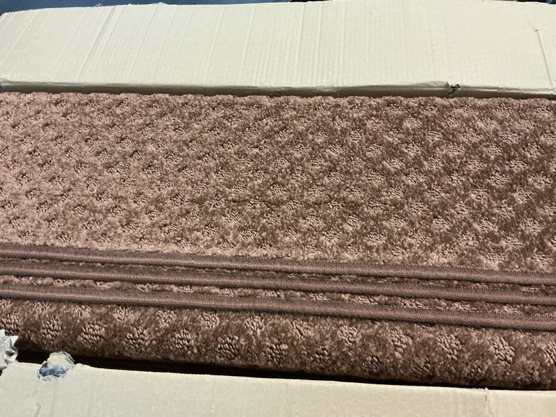 Condition photo showing As Is for bullnose stair treads non slip 9.5" x 32", 14 pcs carpet stair treads for wooden steps indoor with edge protection, reusable peel and stick tpu backing stair runner rugs - lattice pattern brown brown (lattice pattern) 9.5*32 inch 14
