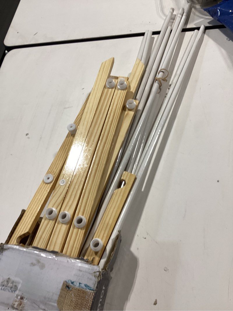 Condition photo showing Good Condition for whitmor foldable clothes drying rack: 3 tier laundry drying rack, collapsible drying rack clothing, portable space saving clothing rack for indoor outdoor, 17.0“ l x 29.5” w x 43.5“ h, wood wood & white