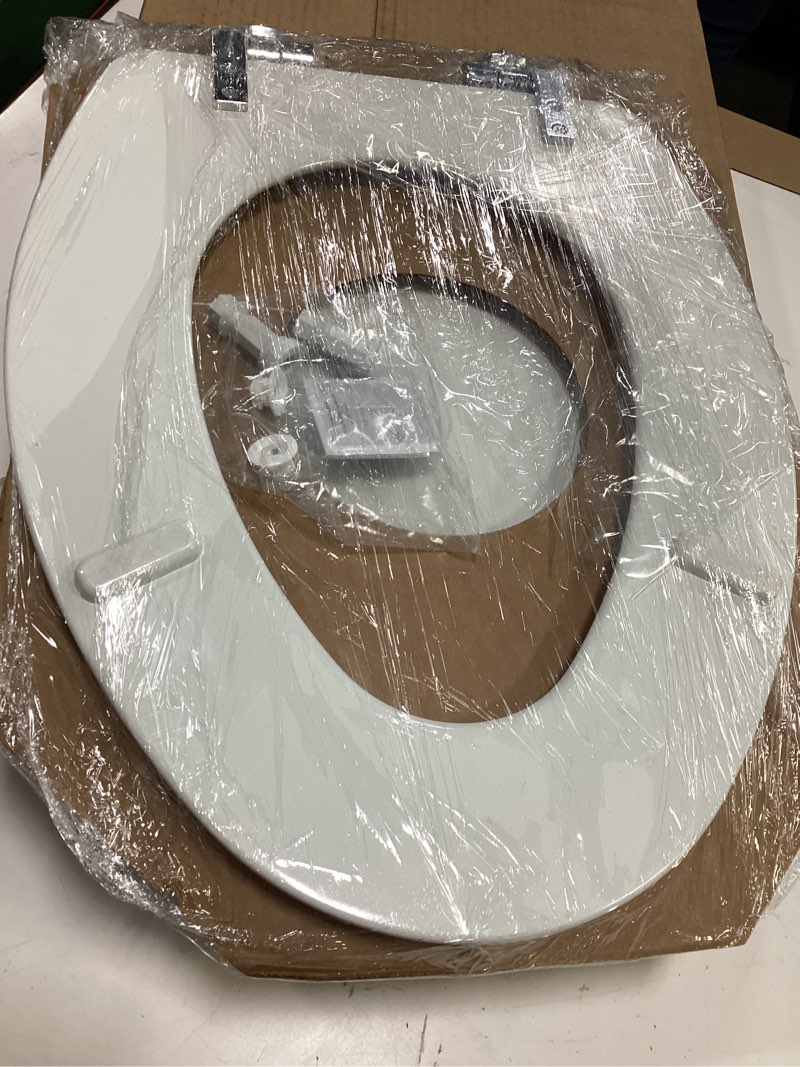 Condition photo showing Good Condition for mayfair bennett toilet seat with chrome hinges, slow close wood seat, secure metal hinges, easy install, made in usa, elongated, white elongated chrome