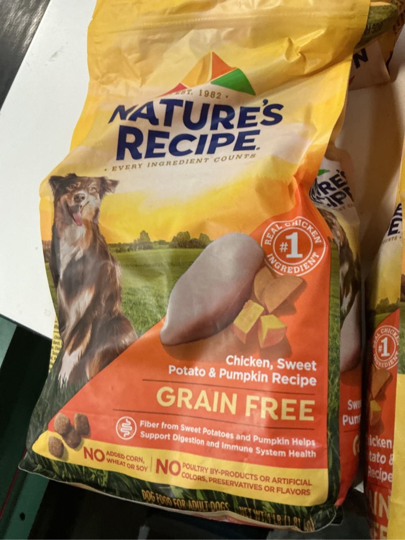 Condition photo showing New/Like New for (by oct-25-2026)nature's recipe grain free chicken, sweet potato & pumpkin recipe dry dog food, 4 lb. bag