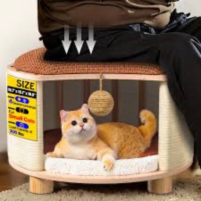 solid wood cats house stool, 300-lb capacity. large cat bed cave for indoor cats & humans. cat toy b