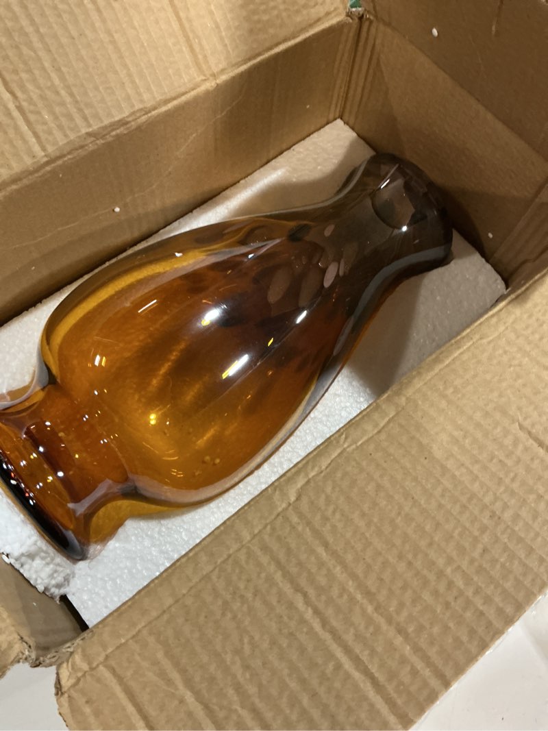 Condition photo showing Good Condition for Hand Blown Glass Vase 11.8" Tall Beautiful Amber Gold Sea Wide Mouth Bud Vase for Table Centerpiece, Painted Colorful Murano Glass Flower Vases for - Home Entrance Wedding Center Electrum