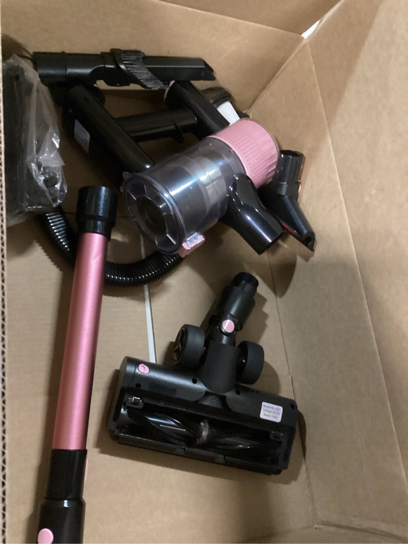 Condition photo showing As Is for cordless vacuum cleaner, 10 in 1 stick vacuum with powerful suction, hose, green led light, anti-tangle brush, lightweight rechargeable vacuum cleaner for home, hardwood floors, carpets, pet hair,pink