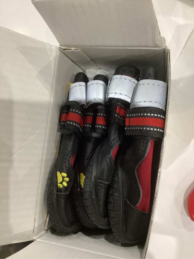 Condition photo showing Good Condition for QUMY Dog Shoes for Large Dogs, Medium Dog Boots & Paw Protectors for Winter Snowy Day, Summer Hot Pavement, Water-Resistant in Rainy Weather, Outdoor Walking, Indoor Hardfloors Skid-Resistant Sole Red Size 1: 1.8''x2.3''(W*L) (Pack of 4)