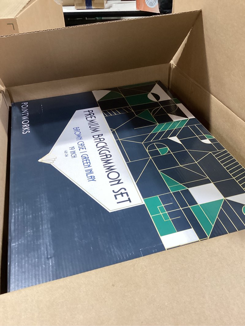 Condition photo showing Good Condition for 19 inch premium backgammon sets for adults leather brown - green. premium 1.6 inch checkers & dice set, travel backgammon set, large, backgammon board game, backgammon game set brown case - green field 19 inch - large