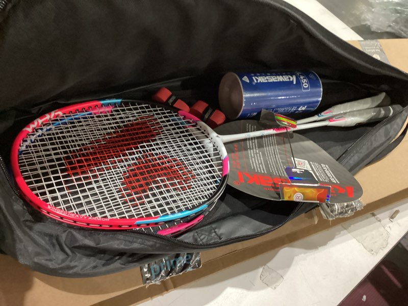 Condition photo showing Good Condition for Kawasaki Badminton Rackets, Professional Graphite Shaft Badminton Set of 2 for Backyard, with 2 Lightweight Carbon Badminton Racquets/3 Badminton Shuttlecocks/2 Racquet Overgrips/1 Carry Bag Red/Blue
