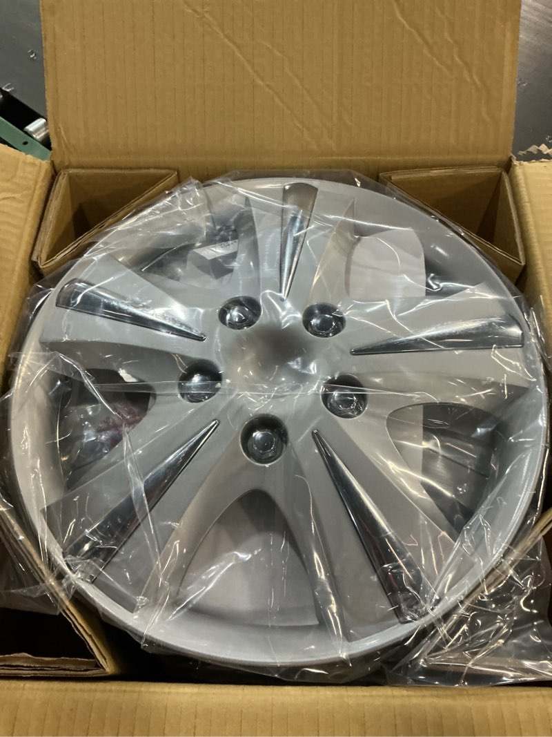 Condition photo showing New/Like New for custom accessories 4-pack 15" sgt-5 wheel covers, replacement hubcaps for cars, trucks, suvs — silver/chrome 15" wheel cover