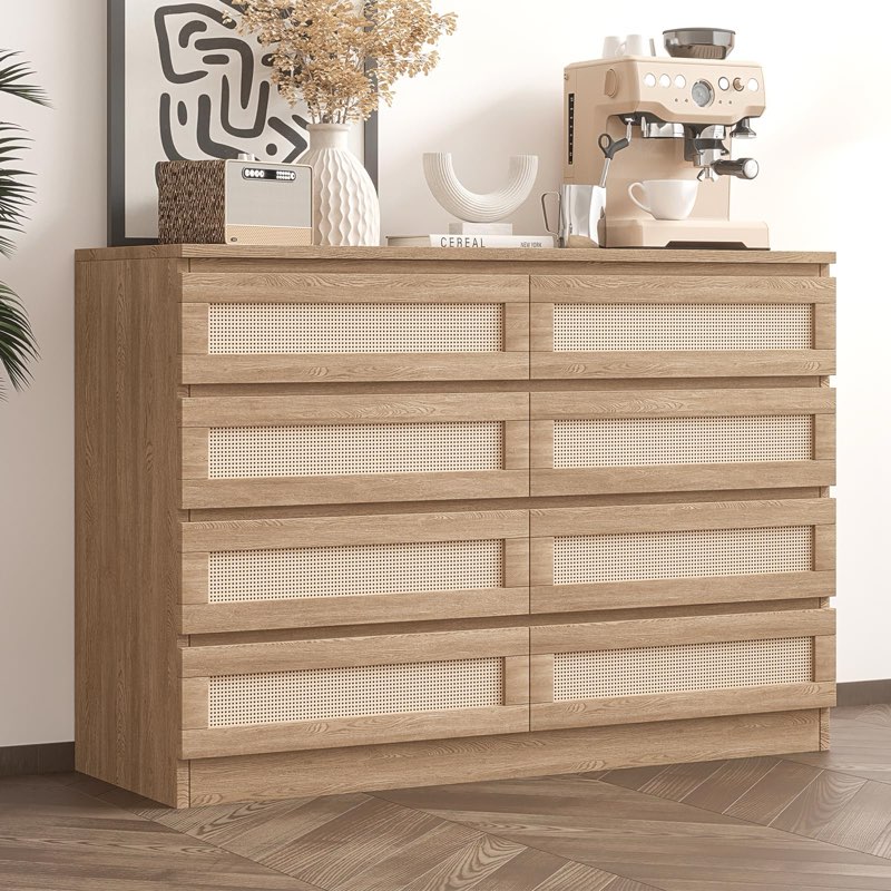 **MISSING PARTS** MilleLoom 47 Inch Rattan 8 Drawer Dresser, Modern Farmhouse Chest of Drawers, Tv Stand Dresser Accen