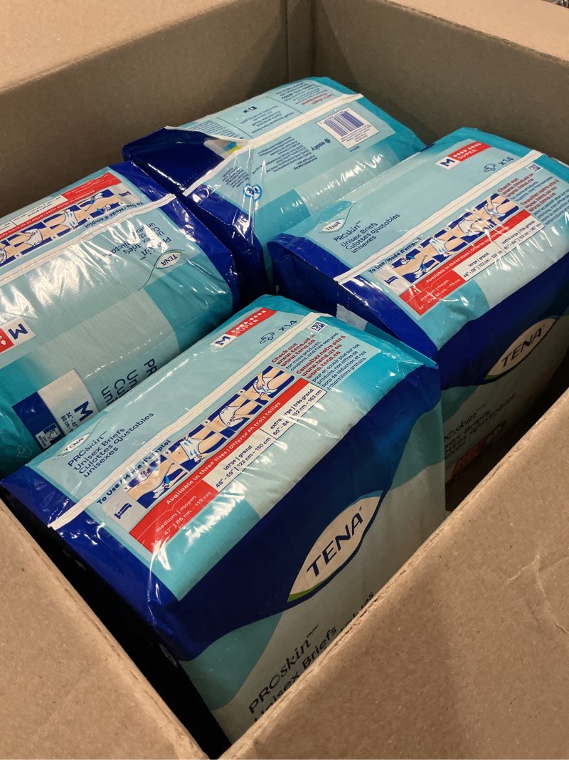 Condition photo showing New/Like New for (size:m)tena proskin unisex adult diapers with tabs, maximum absorbency, medium, 56 ct medium 56