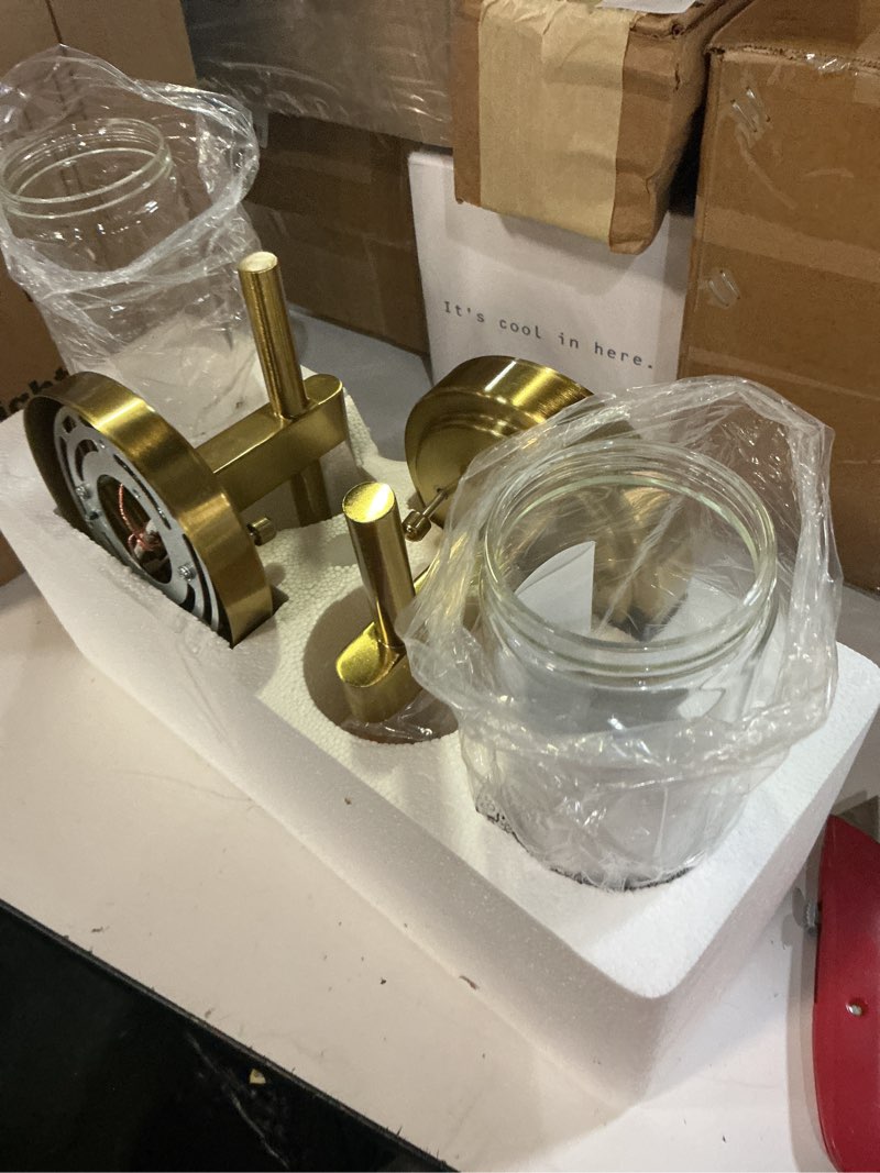 Condition photo showing Good Condition for mokatng wall sconces set of two, brushed gold bathroom sconces with clear glass, hardwired sconces wall decor set of 2, modern wall light fixtures for bathroom mirror living room bedroom hallway brushed gold-hardwired 15.5inch(2pcs)