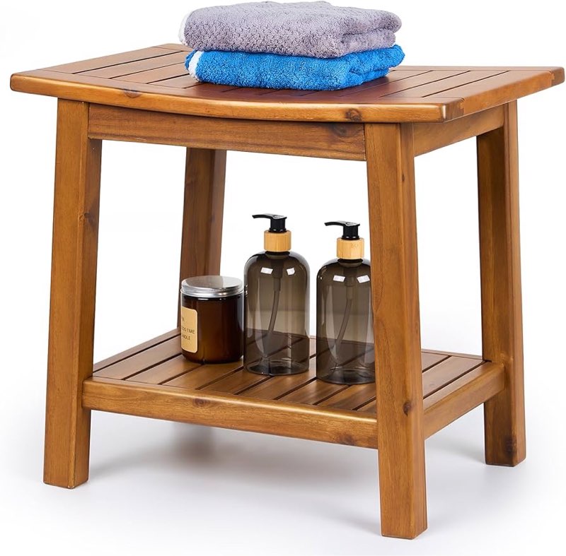 Teak shower bench with Storage Shelf, Shower Stool for Inside Shower, Waterproof Shower Bench Seat, 