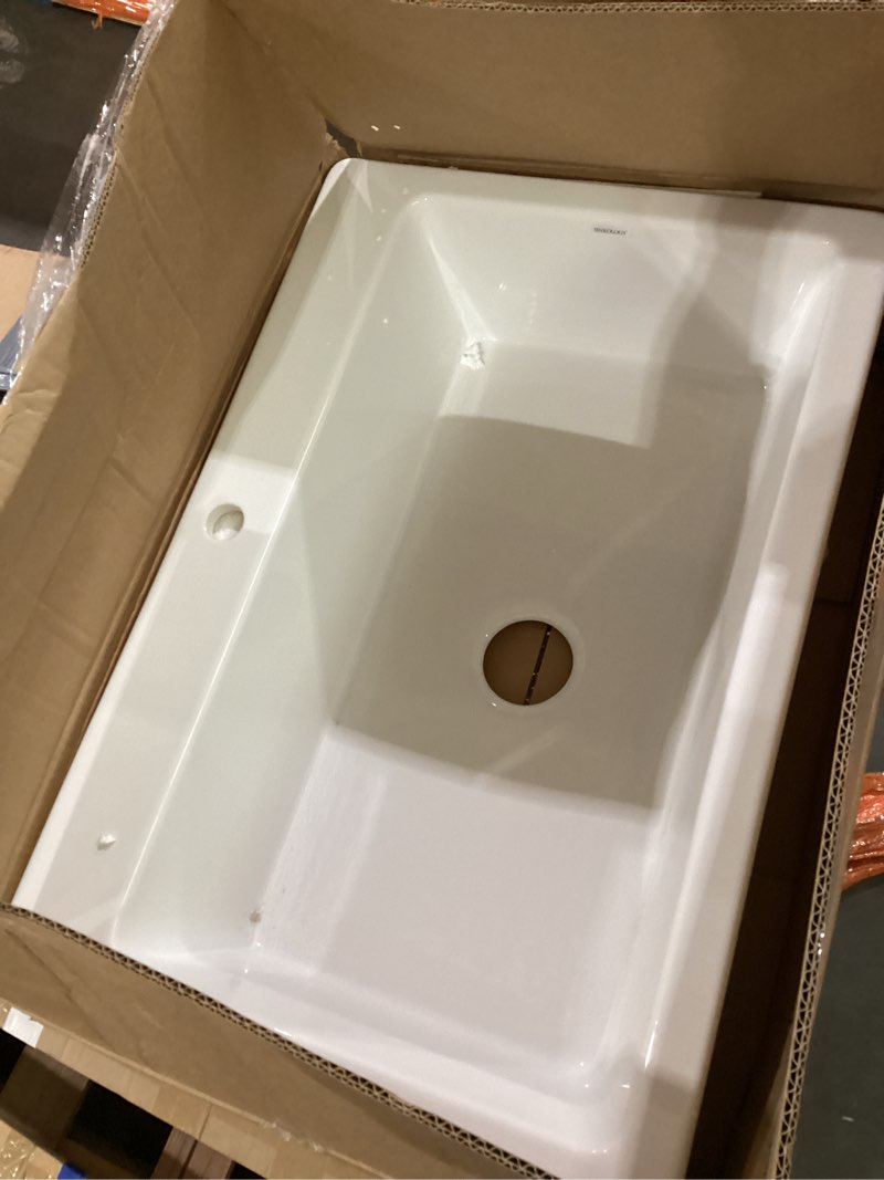 Condition photo showing As Is for *cracked*sinkology jackson 33 inch white fireclay drop-in kitchen sink, single bowl, 1 faucet hole, fits 36 inch cabinet, surefire finish crisp white - single 1 hole