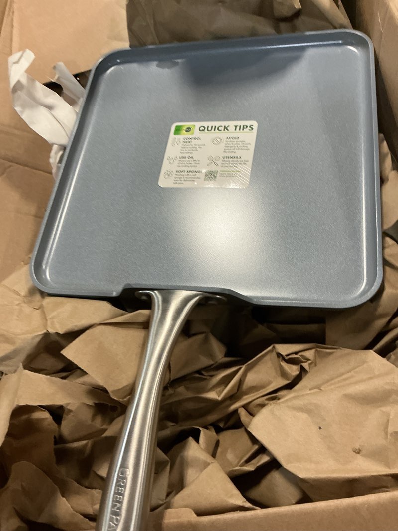 Condition photo showing Good Condition for greenpan lima hard anodized 11” square griddle pan, ceramic nonstick, pfas-free nontoxic pots and pans, oven & broiler safe, stainless steel handle, cookware for eggs & omelet, gray