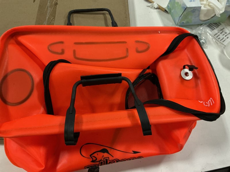 Condition photo showing Good Condition for fishing bucket and live bait aerator, 6 gallon foldable multi functional live bucket portable quiet aerator outdoor camping fishing eva bag(orange)