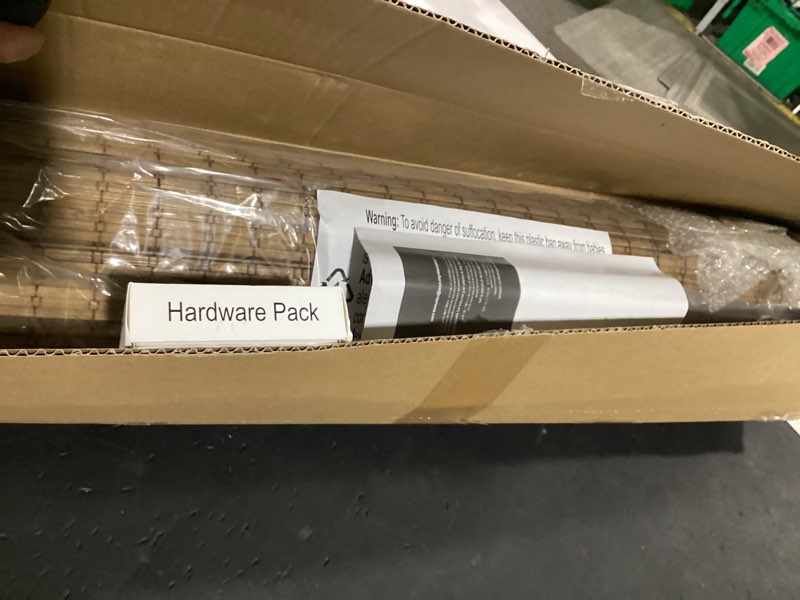 Condition photo showing Good Condition for lazblinds cordless bamboo roman shades, privacy blinds for interior windows, room darkening roll up bamboo blinds for home & patio, 29.5" w x 64" h, highfield teak pricacy - highfield teak 29 1/2" w x 64" h