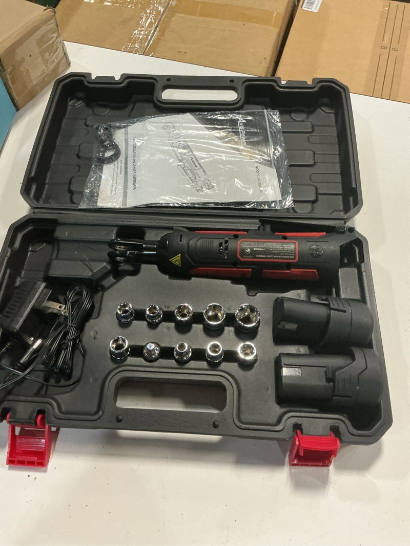 Condition photo showing As Is for avid power cordless electric ratchet wrench 3/8", 44.2 ft-lbs 12v power ratchet wrench kit w/two 2.0ah batteries, 1-hour fast charger, variable speed and 10 sockets red