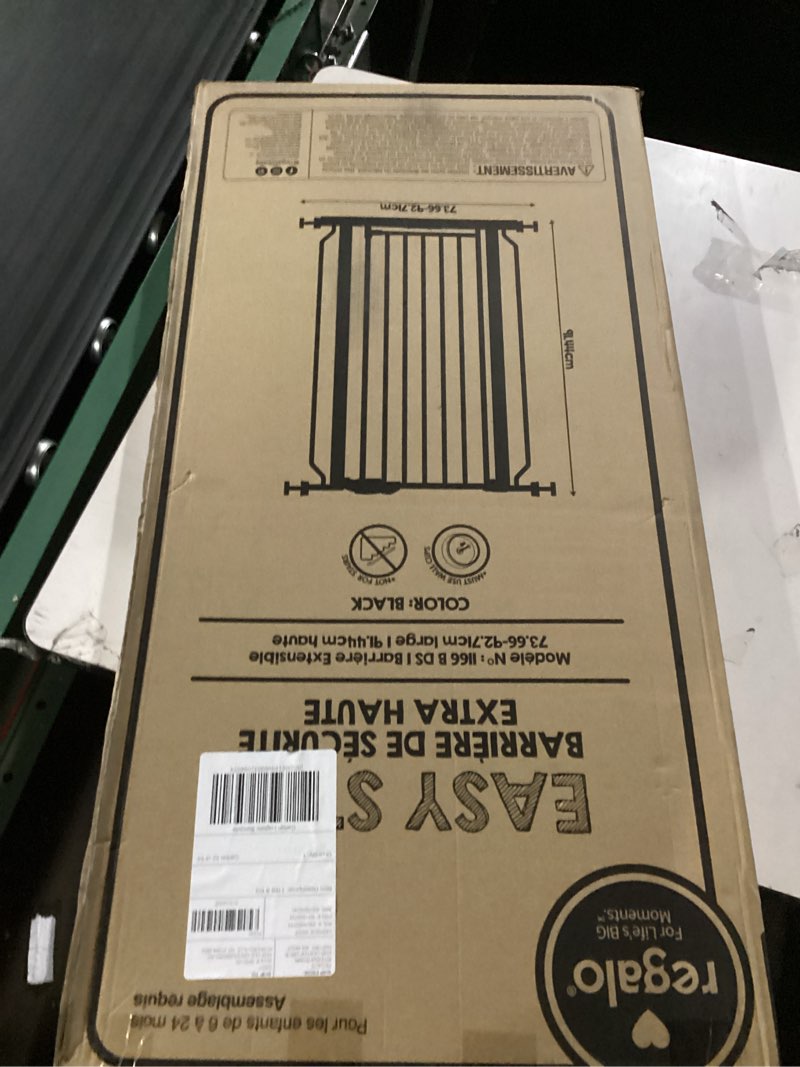 Condition photo showing New/Like New for Regalo Safety 36" Extra Tall Baby Gate for Doorways & Bottom of Stairs, Pressure Mounted Walk Through Gate for Babies, Toddlers & Pets, Tested & Safe for 30 Years, American Designed, American Owned Black 29-36.5"W x 36"H