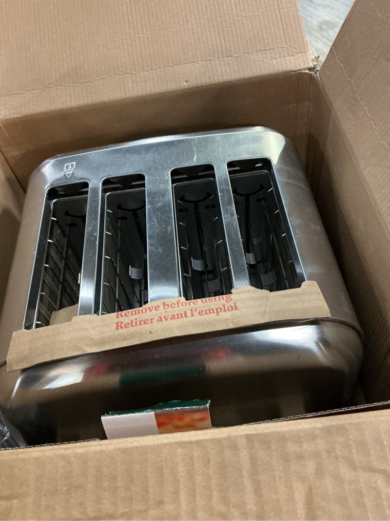 Condition photo showing As Is for cuisinart 4 slice compact stainless steel toaster with extra-wide slots for bread, french toast, bagels & pastries, defrost & reheat functions, cpt-180p1, brushed stainless, removable crumb tray
