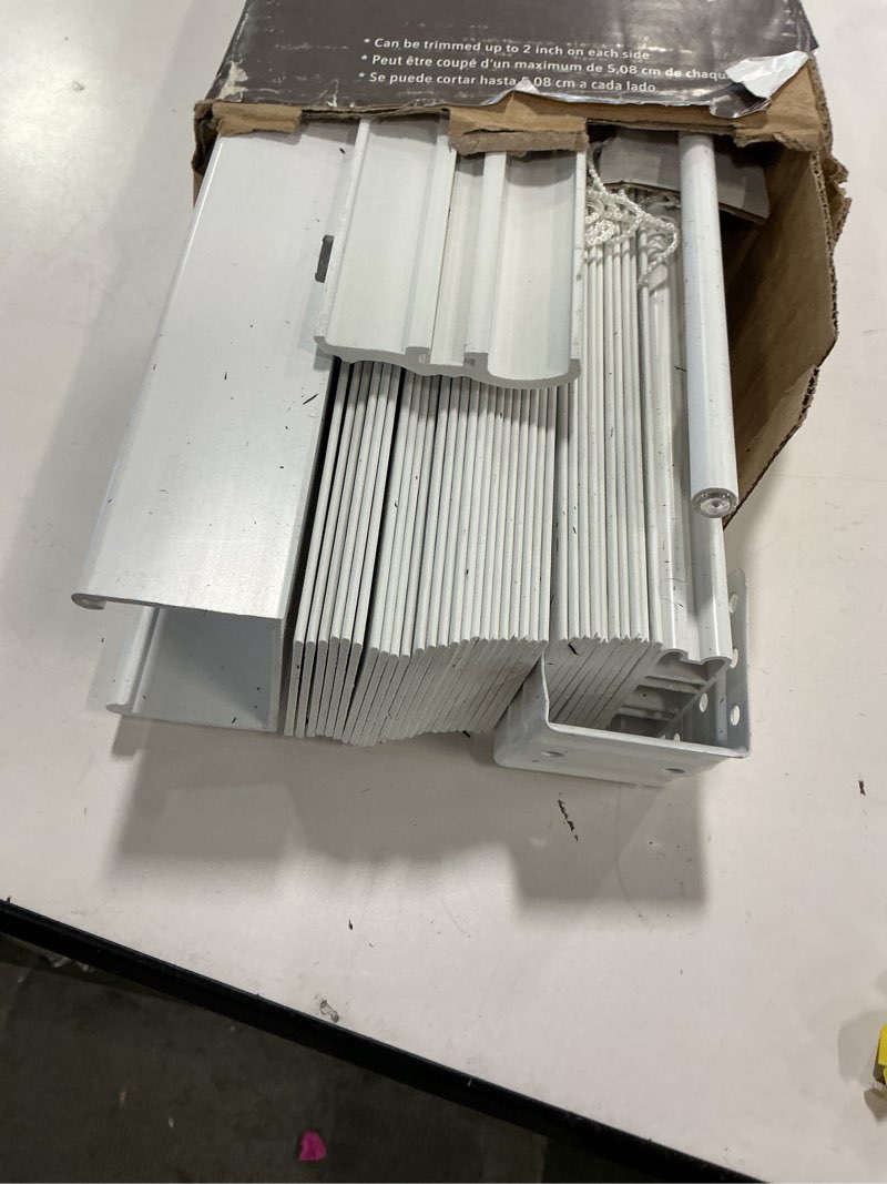 Condition photo showing As Is for allen + roth Trim at Home 2-in Slat Width 35.5-in x 64-in Cordless White Faux Wood Room