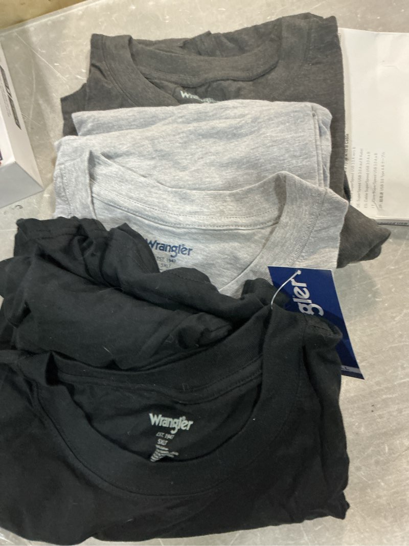 Condition photo showing Good Condition for (size 5xl) wrangler big and tall t-shirts for men, 3 pack cotton relaxed fit mens tees 3x tall black/charcoal heather/navy