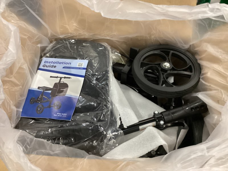 Condition photo showing Good Condition for steerable knee walker deluxe medical scooter for foot injuries compact crutches, with dual rear on-wheel brake and shock absorption under the knee pad, black