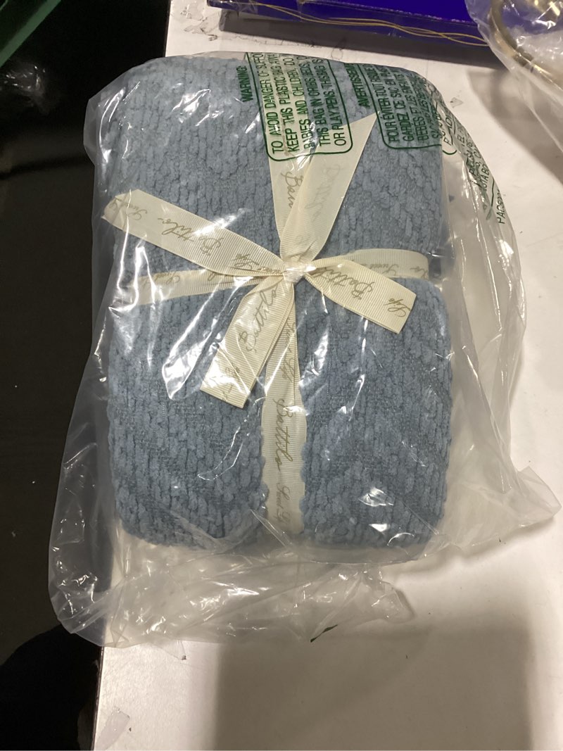 Condition photo showing Good Condition for battilo home blue grey throw blanket for couch, chenille knit throw blankets, super soft dusty blue throw blanket with tassels for bed,sofa and living room,50" x 60" bluish grey 50"x60"