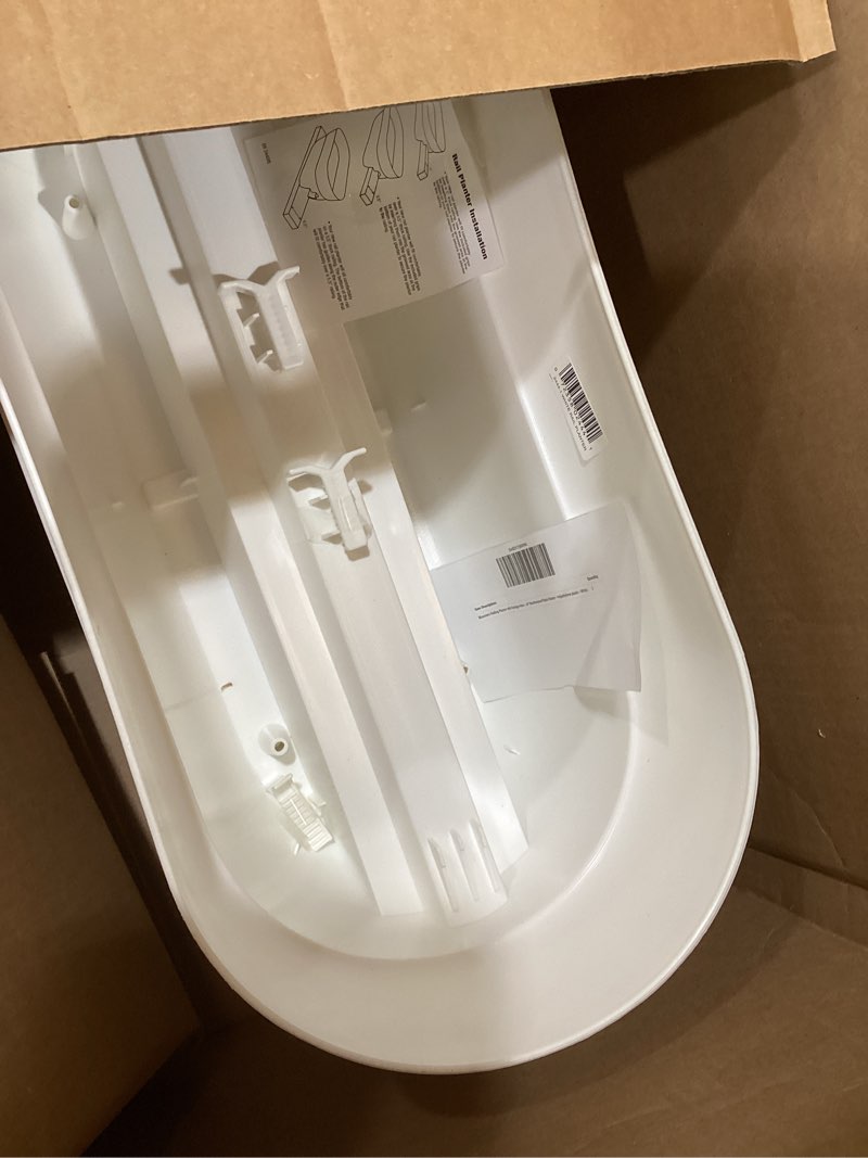Condition photo showing As Is for bloomers railing planter with drainage holes – 24" weatherproof resin planter – polyethylene plastic - white white 24.3 × 10.5 × 9.5 inches